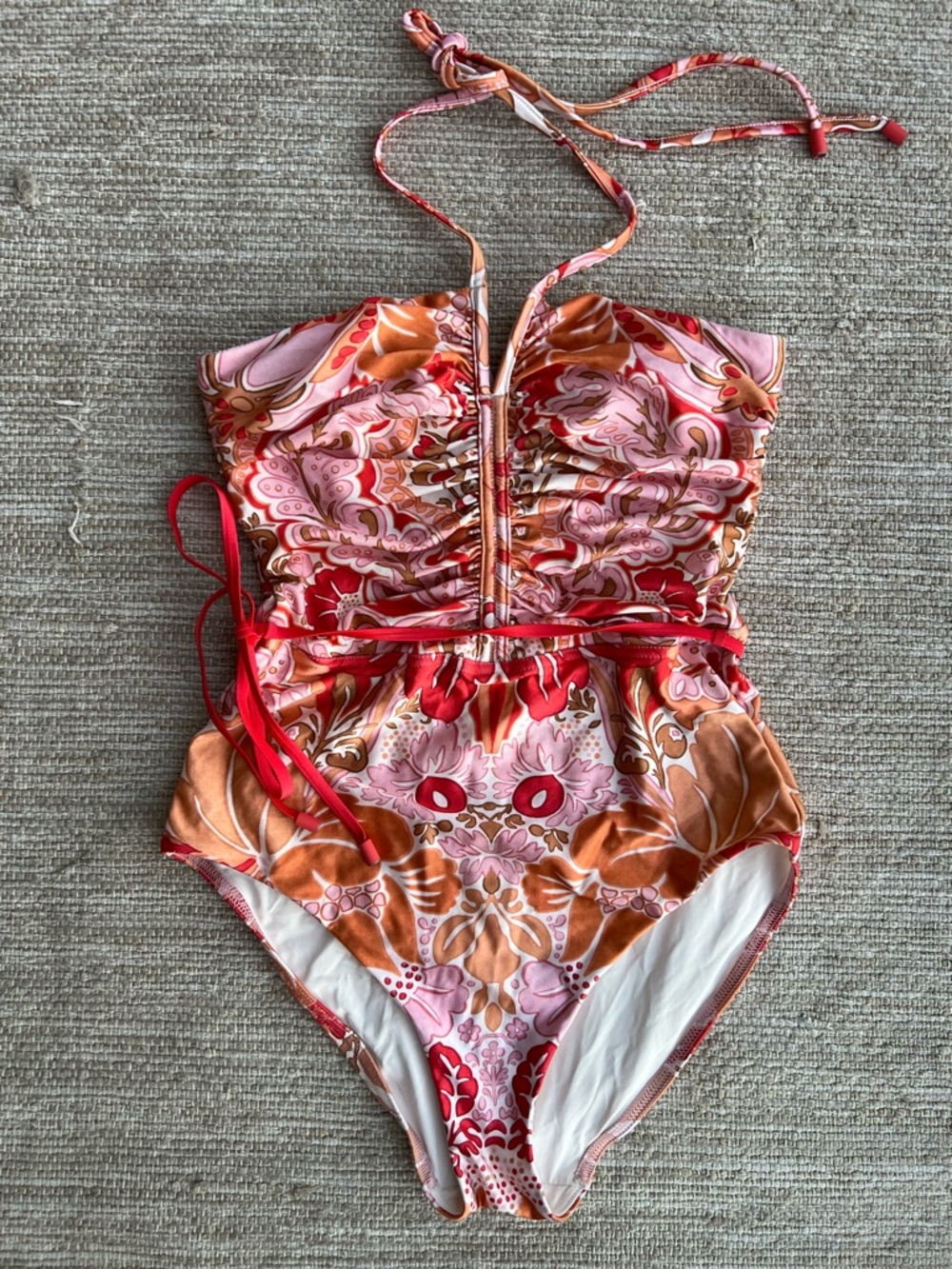Zimmermann Floral Coral Pink, Orange & Red Halter One-piece swimming suit  sz2